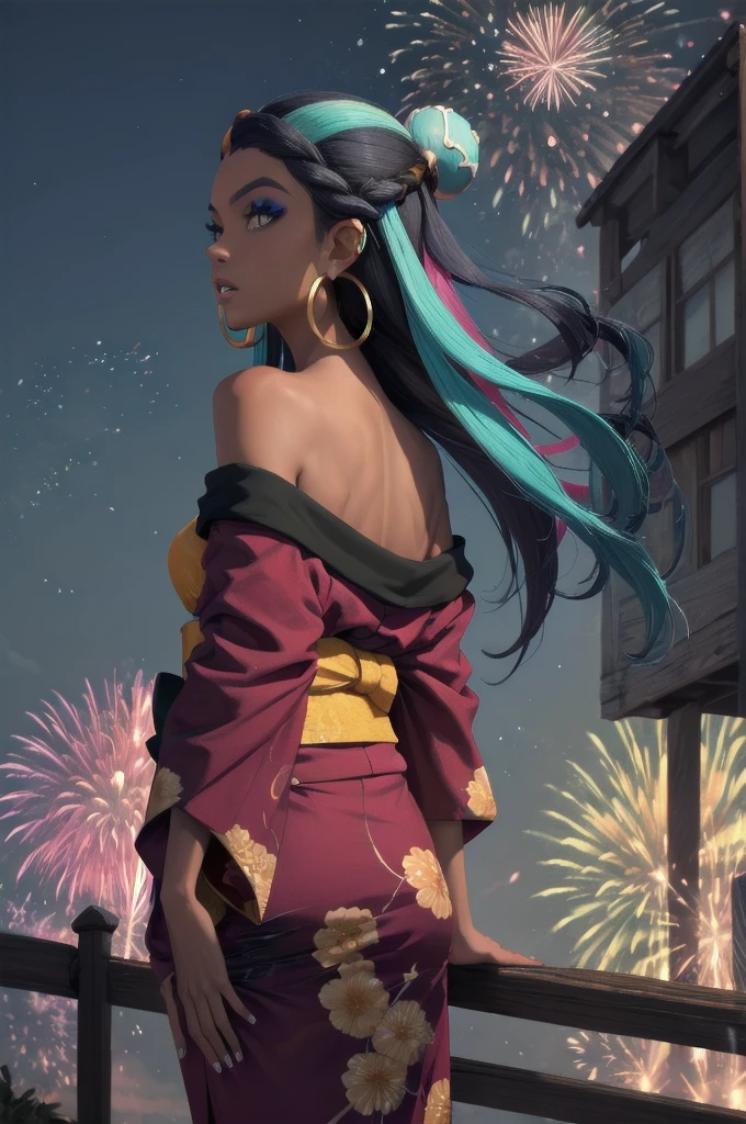 masterpiece, best quality, from behind, solo, 1girl, nessarnd, dark skin, makeup, parted lips, looking back, single hair bun, kimono, off shoulder, hoop earrings, bare shoulders, fireworks