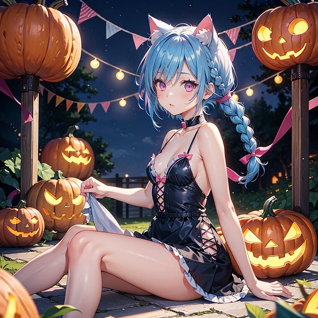 (Sky blue hair),(Braided short hair), (Pink Eyes),Fair skin) ,(whole body),(One Girl),(There are lots of pumpkin ghosts in the background),Cat ear,Cat's Tail,(Sailor suit),(Bruises and ugly faces),(Fall into Darkness),If you don't give me sweets, I'll play a prank on you.),(Halloween Night Party),(masterpiece, Highest quality, Very detailed, Best Shadow), (Detailed Background), (Beautifully detailed face), High Contrast, (Best lighting, Very delicate and beautiful), ((Cinematic Light)), Hyper Detail,8k, Dramatic Light, Intricate details,night,(Bats flying in the background),High quality