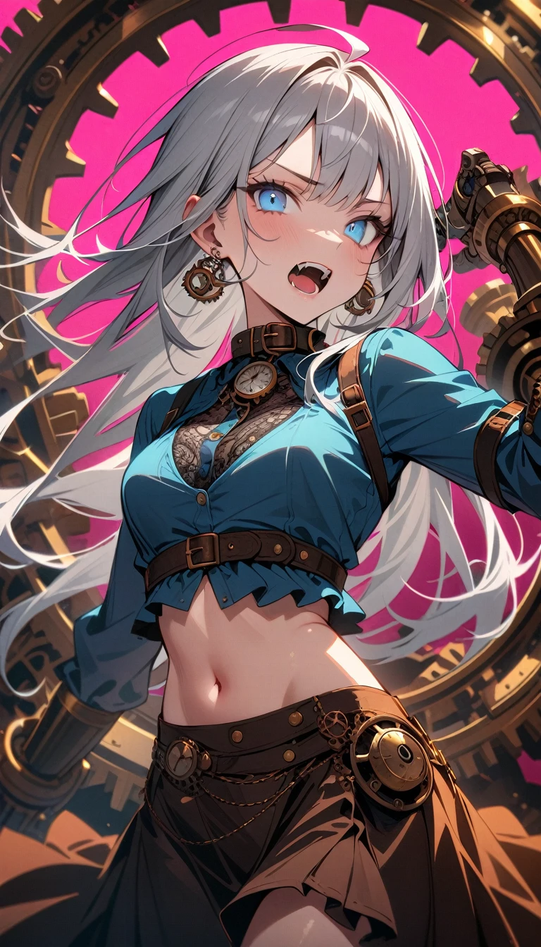 ((best quality)) , ((masterpiece)) , (detailed),1girl, solo, long hair, looking at viewer, open mouth, bangs, blue eyes, skirt, simple background, shirt, navel, jewelry, grey hair, earrings, teeth, collar, fangs, piercing, pink background, blue shirt,((steampunk style . antique, mechanical, brass and copper tones, gears, intricate, detailed))