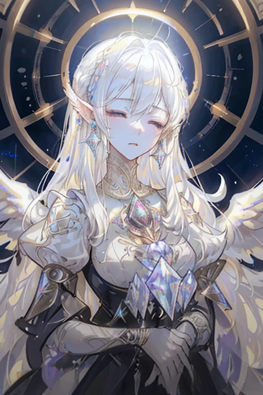 ((best quality)), ((masterpiece)), (detailed face and eyes:1.2), perfect face, white hair, curly hair, long hair, hairclip, closed eyes, crystal earrings, closed mouth, Futurism, interior architecture, cinematic lighting, backlighting, Steampunk, sci-fi, giant mechanical towers, A girl with angel wings on her back, wearing a pure white outfit, Offering a prayer, sunset