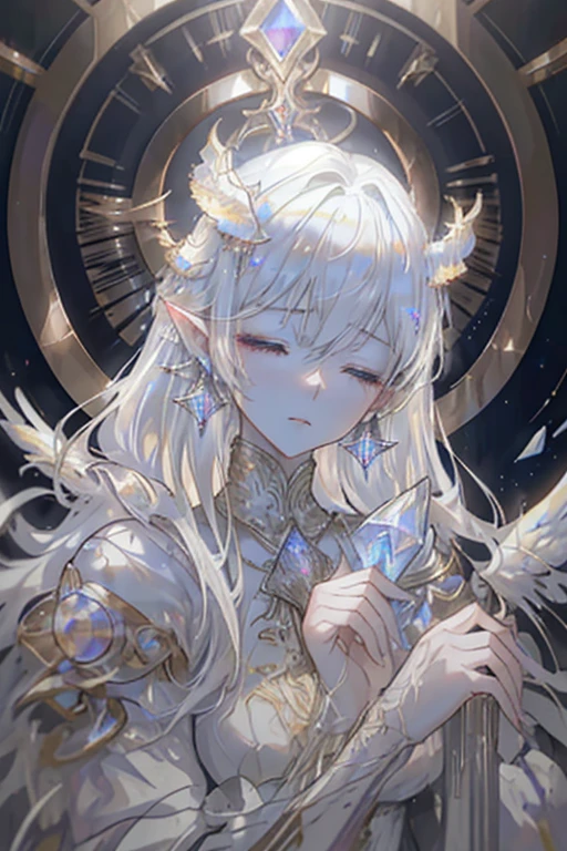((best quality)), ((masterpiece)), (detailed face and eyes:1.2), perfect face, white hair, curly hair, long hair, hairclip, closed eyes, crystal earrings, closed mouth, Futurism, interior architecture, cinematic lighting, backlighting, Steampunk, sci-fi, giant mechanical towers, A girl with angel wings on her back, wearing a pure white outfit, Offering a prayer, sunset
