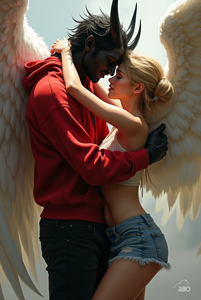 Demon dressed in black pants and a red sweatshirt, kissing an angel in denim shorts