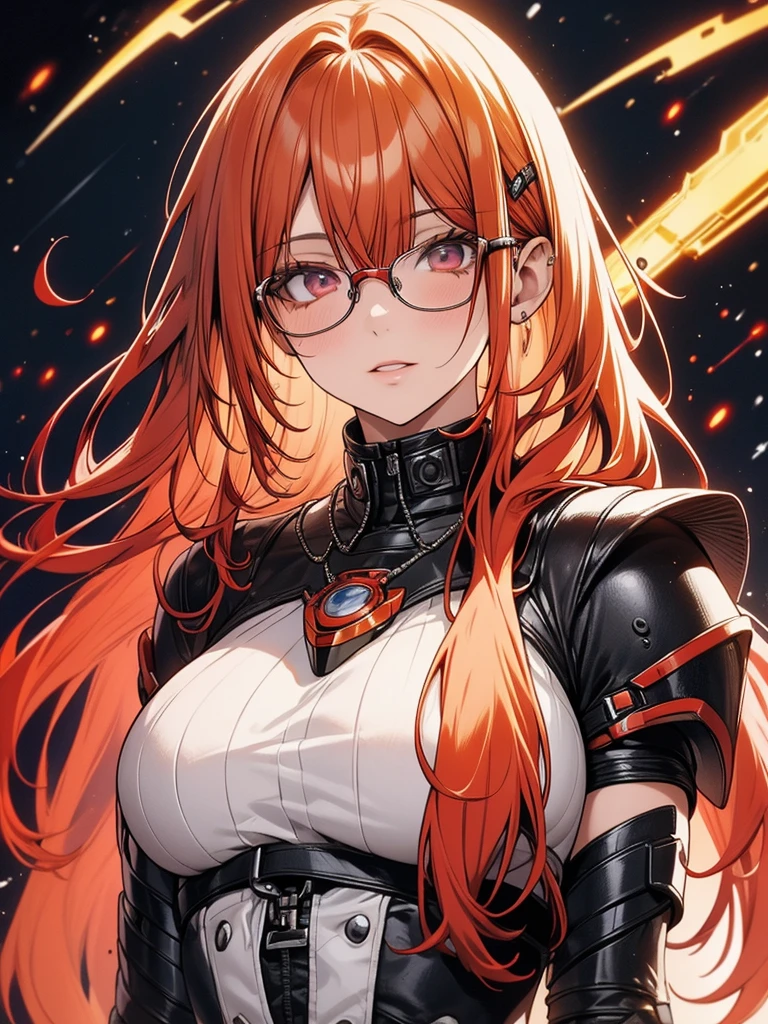 beautiful face, best quality, ultra high resnatural light, shiny skin, detailed skin, detailed face, detailed eyes, beautiful lady, orange hair, straight hair, floating hair, big hair, mole under eye, bespectacled, A scene from a science fiction movie, a brilliant fantastic background, milf, Mature adult female, mechanically armed sci-fi style armor, black, white, and red tricolor equipment, medium chest