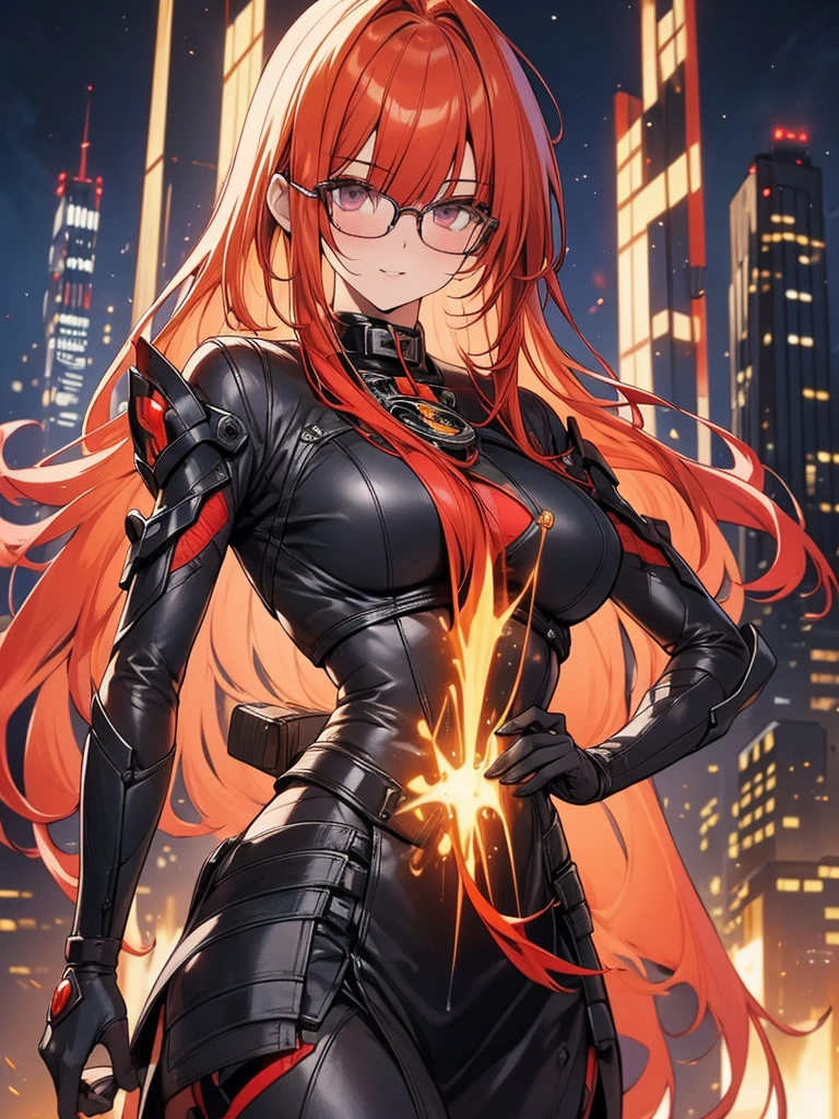 beautiful face, best quality, ultra high resnatural light, shiny skin, detailed skin, detailed face, detailed eyes, beautiful lady, orange hair, straight hair, floating hair, big hair, mole under eye, bespectacled, A scene from a science fiction movie, a brilliant fantastic background, milf, Mature adult female, mechanically armed sci-fi style armor, black, white, and red tricolor equipment, medium chest