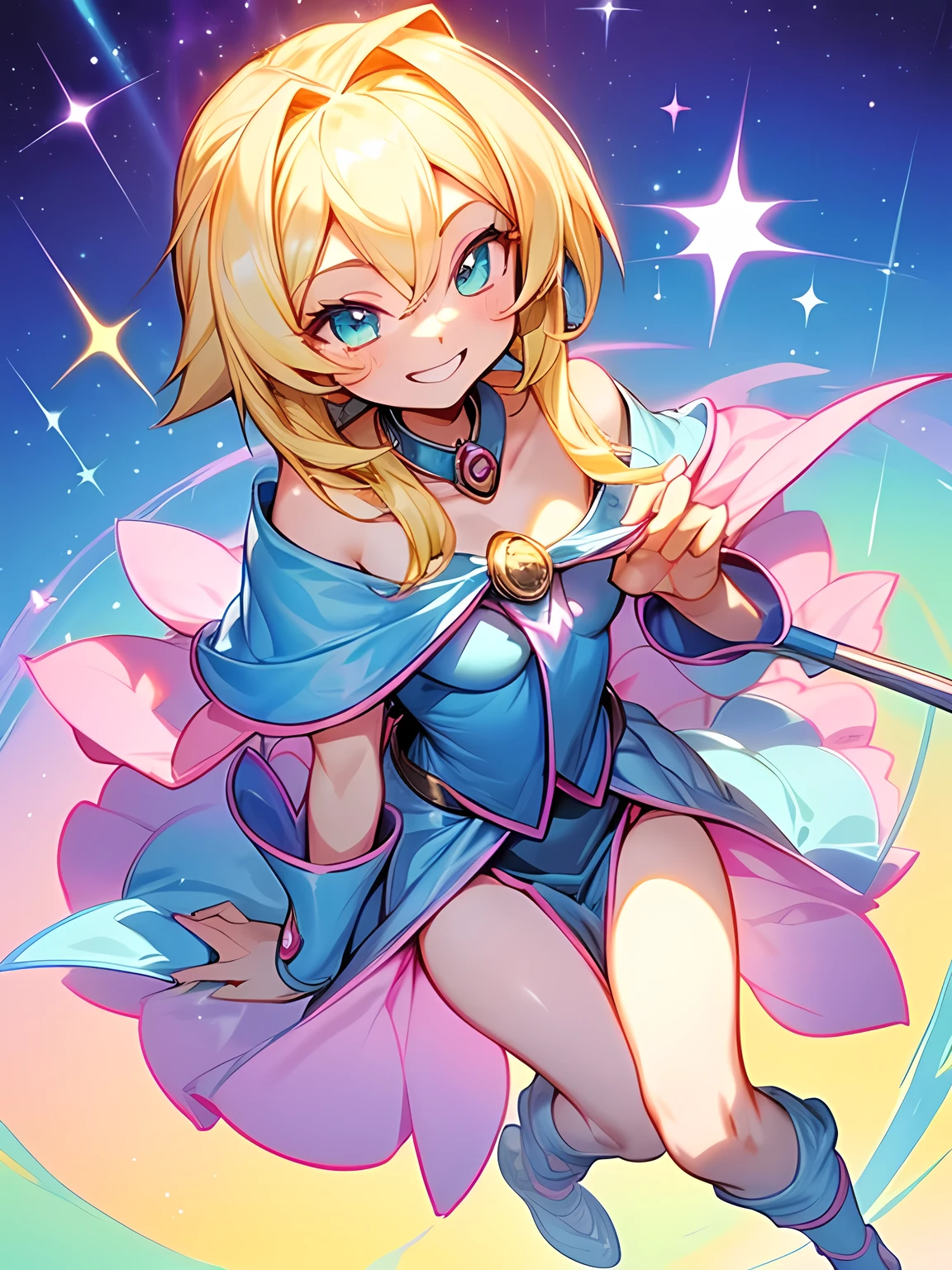 from above:1.3,solo,14years old,Black Magician Girl,grin smile,Blonde Hair Color,Enchanting chest、((I am the star))、Pastel color cute world、(pastel color, white ,pink,Blue,yellow),animation,illustration,Best image quality,masterpiece