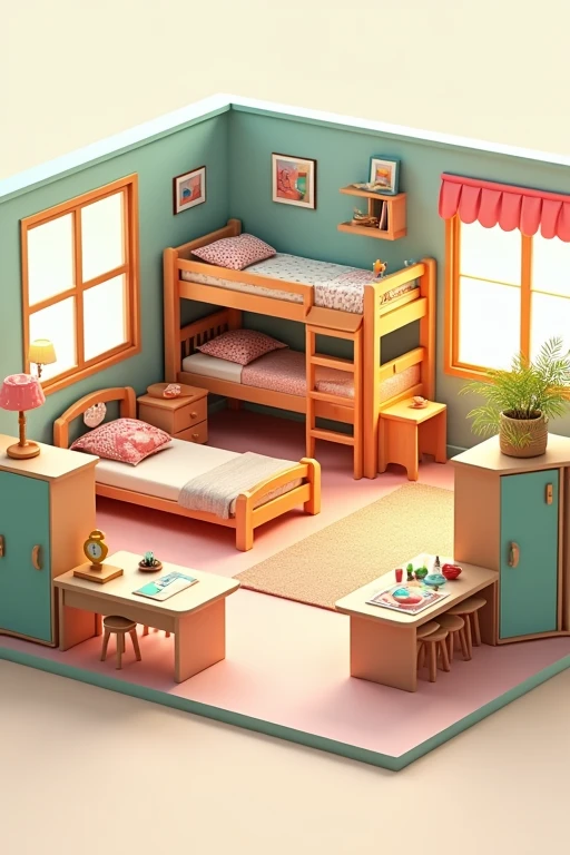 3D drawing of a children's bedroom with 1 bunk bed, 1 bed, 2 wardrobes and 3 study tables