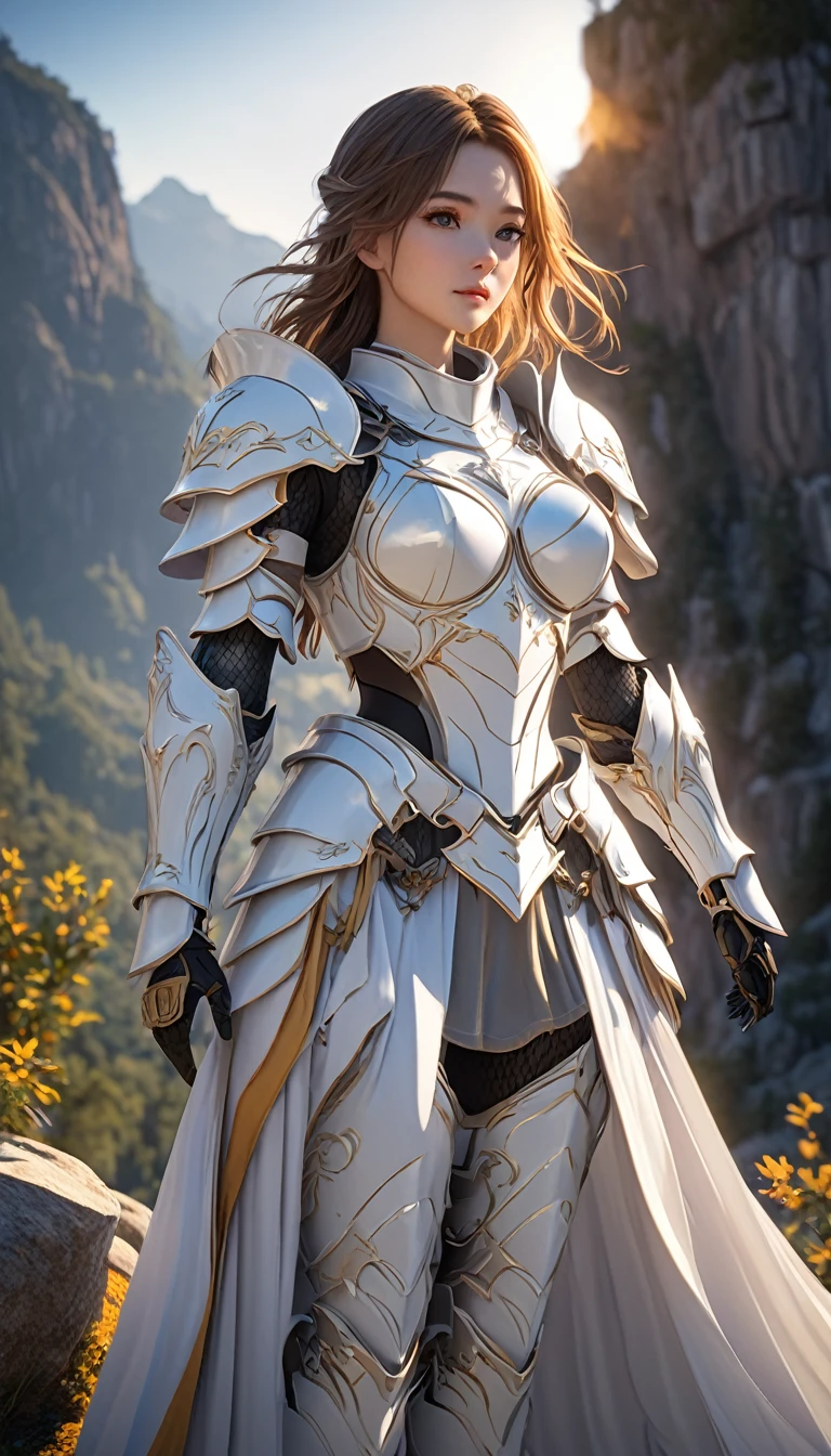 mountain, hxarmour,1girl,(white armour:1.3),, ultra-detailed,extremely delicate and beautiful,(by exquisite colors block),masterpiece,best quality,unreal engine 5 rendering,movie light,movie lens,movie special effects,detailed details,HDR,UHD,8K,CG wallpaper,