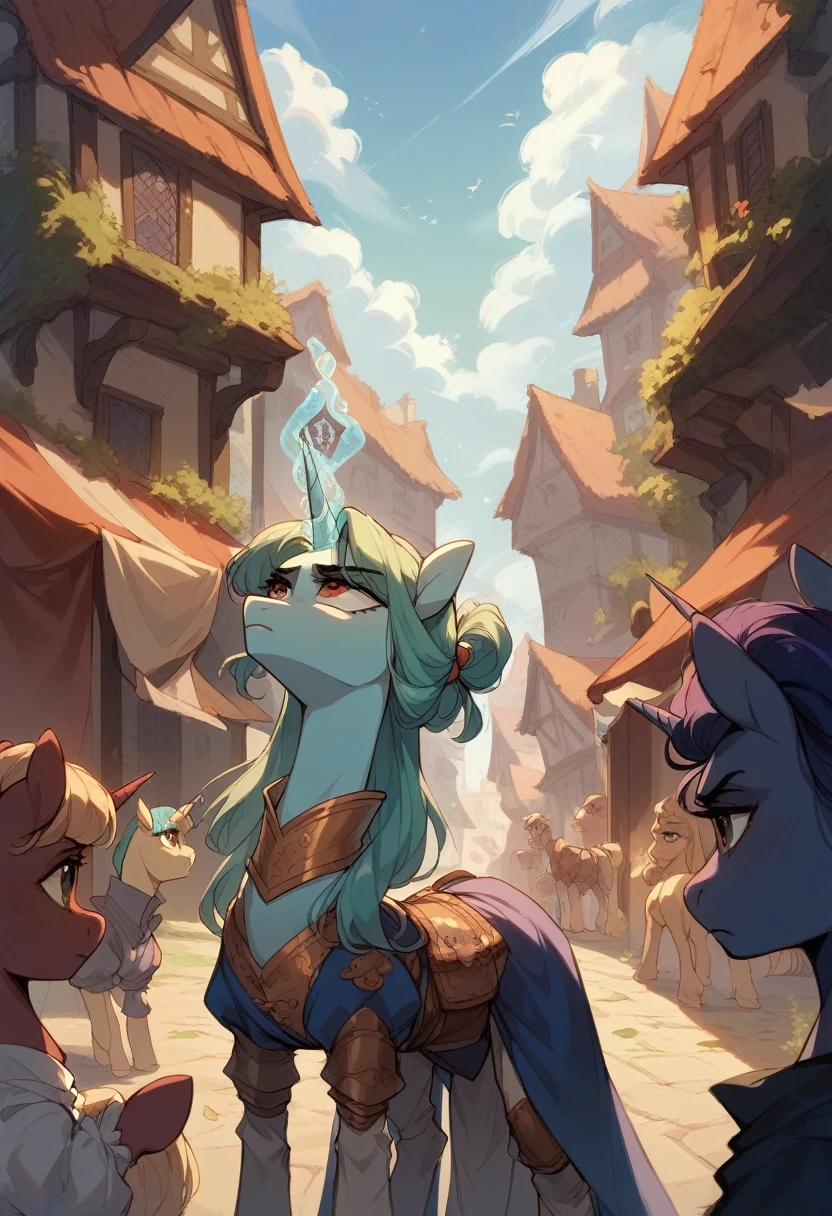 Unicorn pony. A serious face. Darkness. Beautiful. The hair is gathered into an interesting knot. Tall. Magic. Unusual colors. Patterns on the body.  Medieval clothes, slim figure, composition.