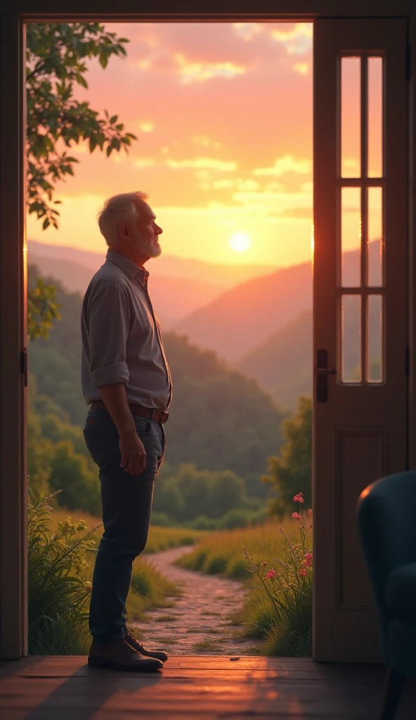 John gets up, steps outside, and takes a deep breath as the sun rises.]