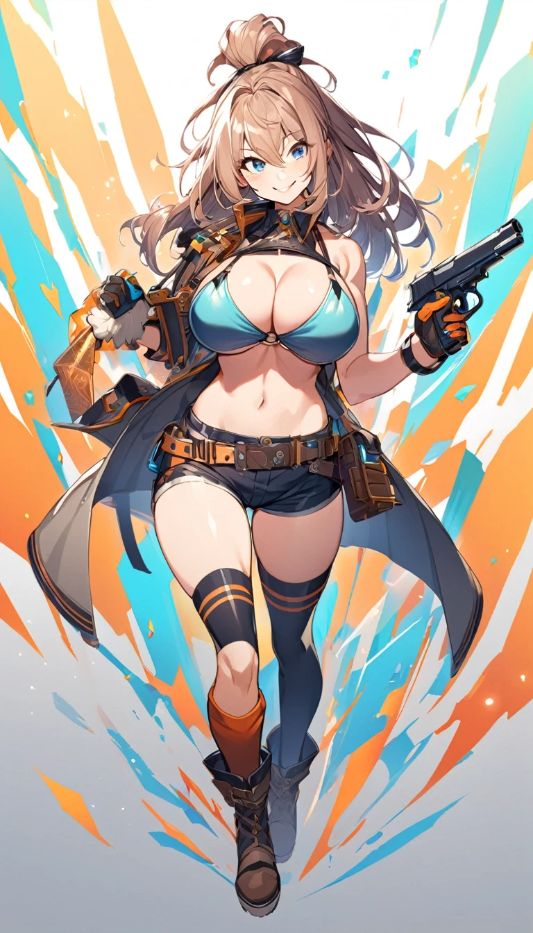 girl,big breasts,Bikini Tops,hot pants,gloves,smile,boots,Knee-high socks,full body Shot,hand pistol,