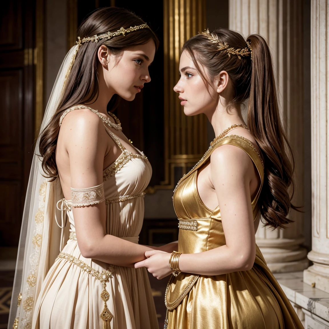 Masterpiece, Imagine a grand wedding in Ancient Rome, 83 BC, where the strikingly beautiful and noble Cornelia, a roman noble girl, (slim body, light brown hair, blueish eyes, ultra detailed noble yet seductive face), is united in marriage to he young and ambitious Julius Caesar, aged 17. Cora 14 years old roman s radiant in her elegance and embodies the ideal of Roman femininity, her youthful beauty enhanced by the luxurious fabrics and sophisticated ancient roman style wedding garments. Amidst the ancient splendor of Rome, their love story begins, set against a backdrop of political intrigue and the timeless grandeur of an empire, (roman clothing's from the 1st century BC:1.2), 16K, ultra high res. photorealistic, UHD, RAW, (perfect anatomy:1.2), (two girls is deeply in love with each other, kiss:1.3)