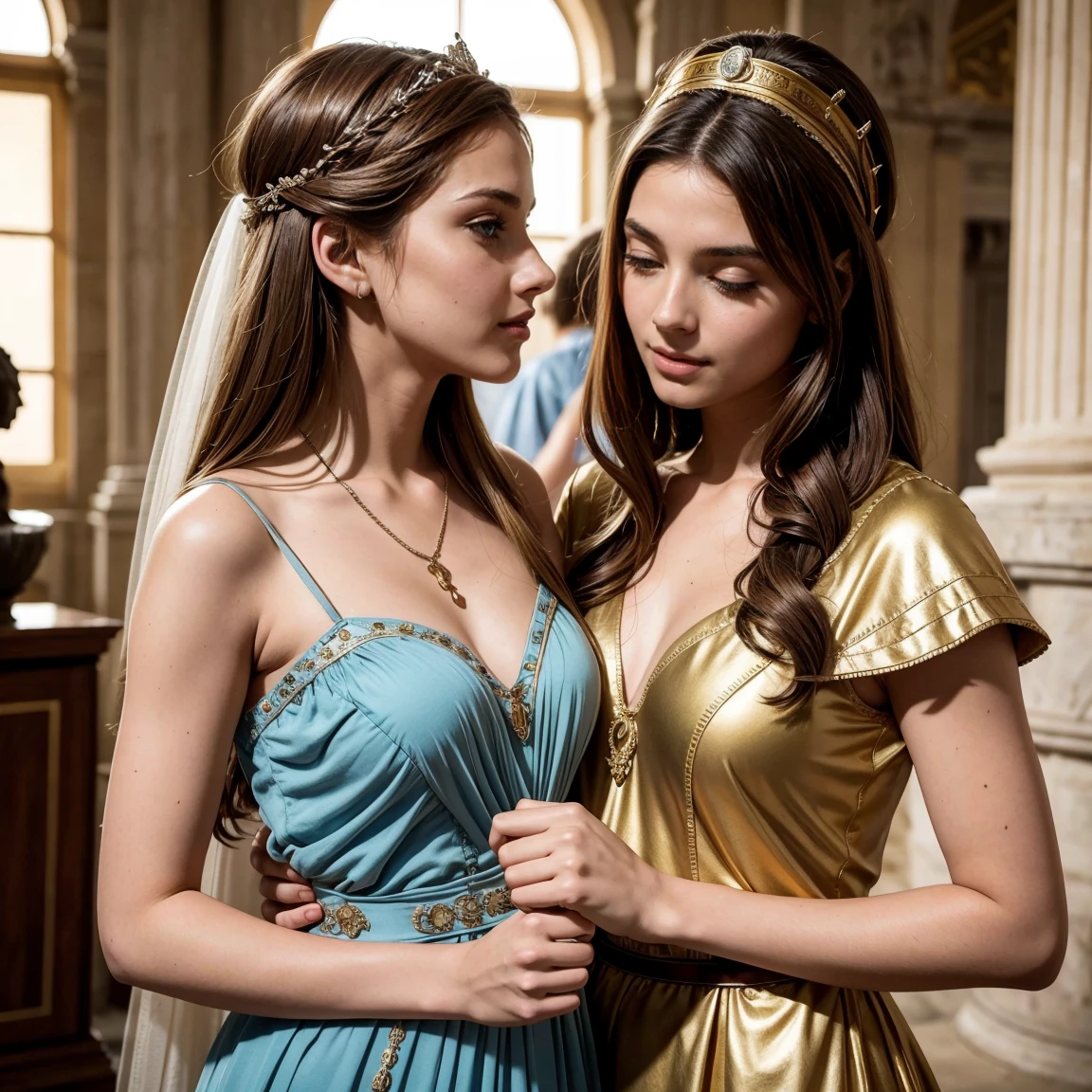 Masterpiece, Imagine a grand wedding in Ancient Rome, 83 BC, where the strikingly beautiful and noble Cornelia, a roman noble girl, (slim body, light brown hair, blueish eyes, ultra detailed noble yet seductive face), is united in marriage to he young and ambitious Julius Caesar, aged 17. Cornelia, a 14 years old girl is radiant in her elegance and embodies the ideal of Roman femininity, her youthful beauty enhanced by the luxurious fabrics and sophisticated ancient roman style wedding garments. Amidst the ancient splendor of Rome, their love story begins, set against a backdrop of political intrigue and the timeless grandeur of an empire, (roman clothing's from the 1st century BC:1.2), 16K, ultra high res. photorealistic, UHD, RAW, (perfect anatomy:1.2), (two girls is deeply in love with each other, kiss:1.3)