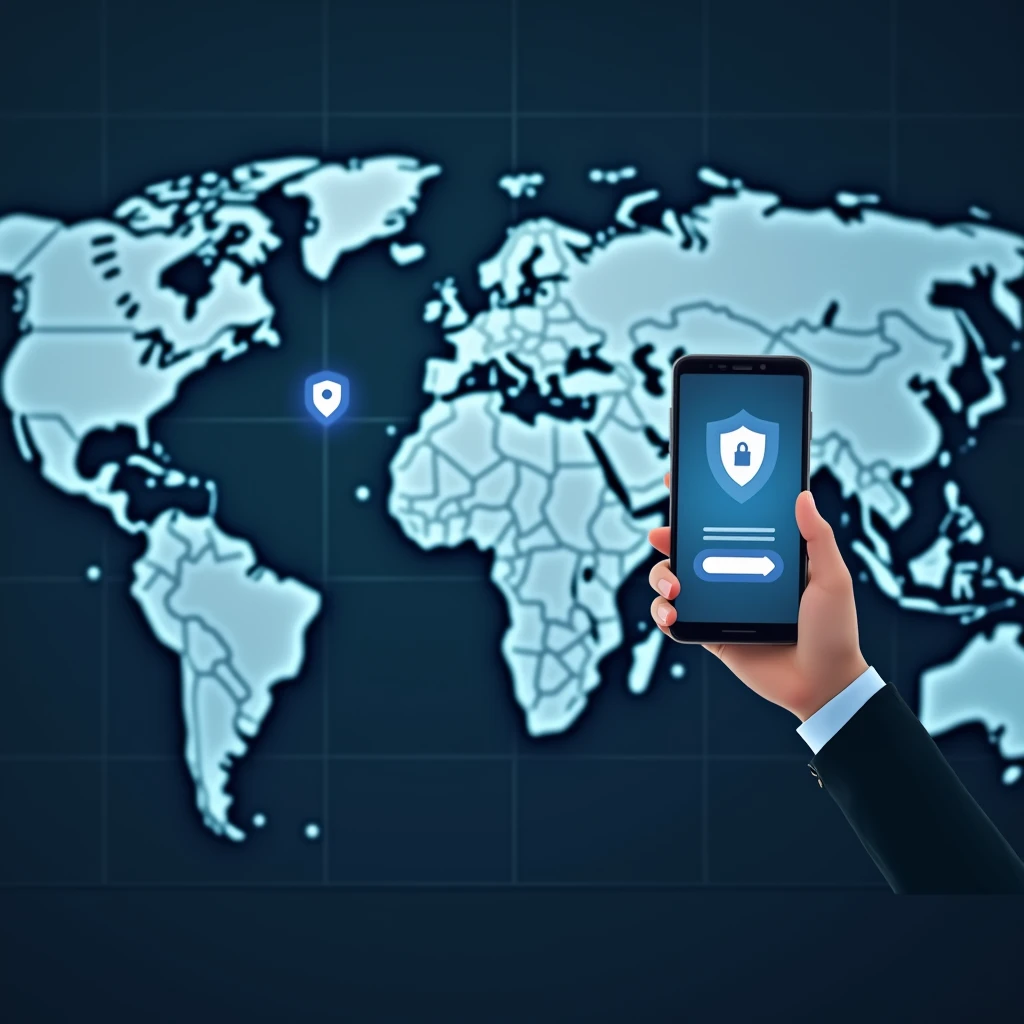 Create a splash screen featuring a digital world map as the background, overlaid with cybersecurity icons like shields and locks, symbolizing global protection. Place a confident, professional figure in the foreground holding a smartphone displaying the app’s logo. At the top or bottom of the screen, display the app name “SafeScan” in a sleek, modern font, with a welcoming message like “Welcome to SafeScan” or “Protecting Your Digital World” below it. Use a calming color scheme with blues, whites, and greys to convey trust and reliability.
