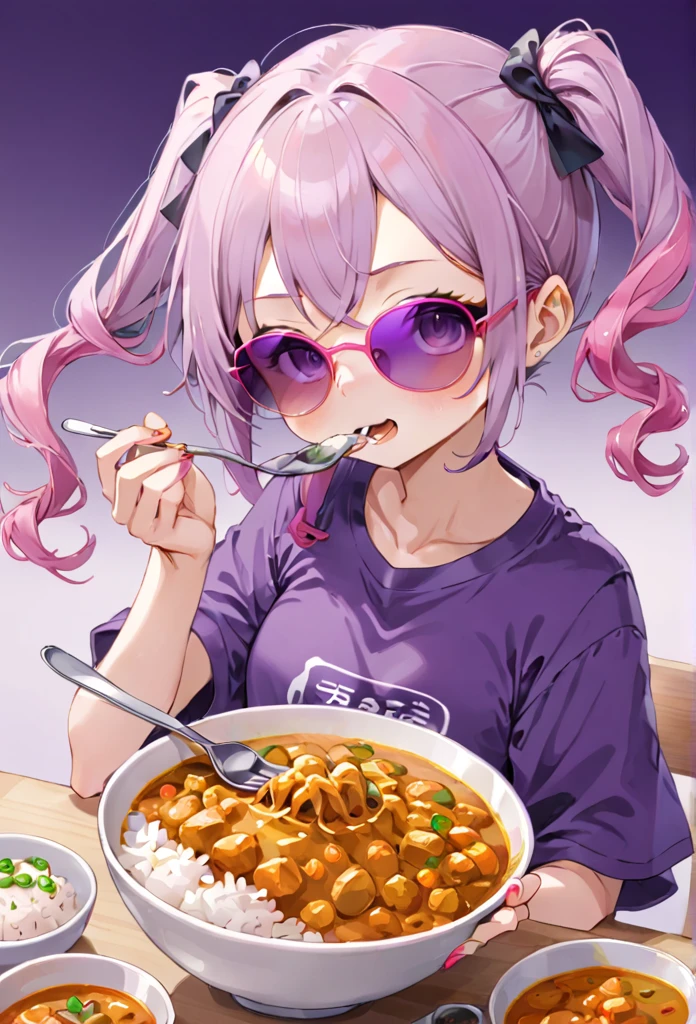 Illustration of a girl eating curry rice with a spoon、Thick purple twin tails、Purple Shirt、Pink Sunglasses