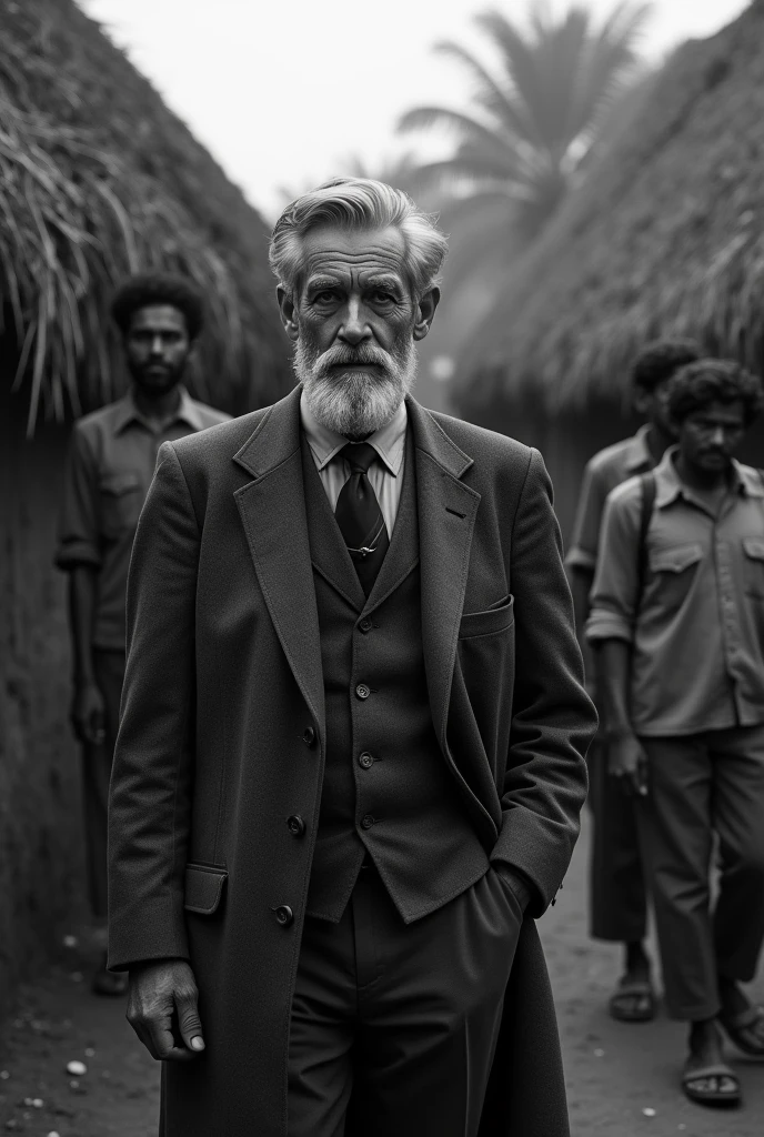 "C.F. Andrews, a British man in his late 50s with neatly combed gray hair and a well-groomed beard, walks through a remote Indian village. He is dressed in an early 20th-century three-piece suit with a tie, interacting with villagers who look at him with hope and gratitude. The village, with its thatched huts and sparse vegetation, is captured in dark tones, black and white, highlighting the stark contrasts between the simplicity of the village and the enormity of the struggle for freedom. Andrews' presence radiates empathy and determination in this challenging environment."