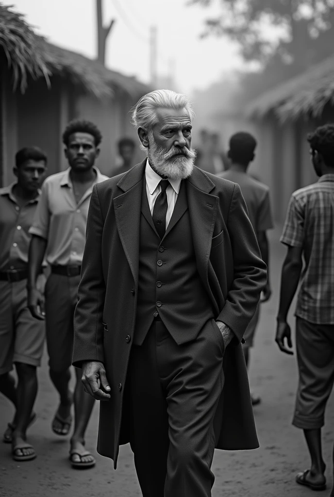 "C.F. Andrews, a British man in his late 50s with neatly combed gray hair and a well-groomed beard, walks through a remote Indian village. He is dressed in an early 20th-century three-piece suit with a tie, interacting with villagers who look at him with hope and gratitude. The village, with its thatched huts and sparse vegetation, is captured in dark tones, black and white, highlighting the stark contrasts between the simplicity of the village and the enormity of the struggle for freedom. Andrews' presence radiates empathy and determination in this challenging environment."
