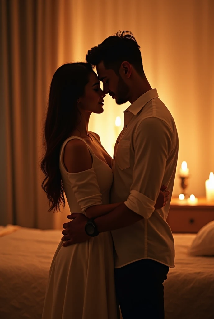 A romantic, intimate scene with a couple embracing each other, surrounded by a soft, warm glow. The background subtly hints at a bedroom with candles lit, symbolizing rekindled passion. The couple's expressions show deep connection and renewed desire. The title 'Menghidupkan Kembali Hasrat' is elegantly placed above them with soft, flowing font