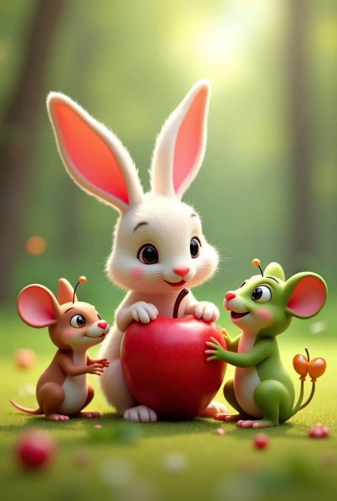 The baby rabbit sharing the apple with its friends—the mouse, the butterfly, and the frog—, each taking a small bite. The mouse nibbles on a piece, the butterfly sips some juice, and the frog munches contentedly, all sitting together in a circle, um personagem animado, Caractere estilizado, animation style rendering, 3D estilizado, Arnold Maya render, 3 d render stylized, toon render keyshot, Personagem 3D, Personagem 3D, 3d rendering stylized, 3d character render, personagem de desenho animado, Personagem