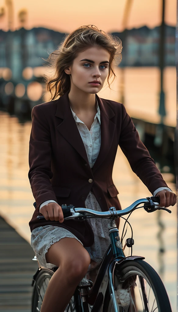 Surrealism:1.5,  Bokeh, young woman aesthetic, bicycle riding, pier, High-quality DSLR snapshots, High-definition film grain photo taken at f/16, ISO 100, With 200mm lens, Global Illumination, Fibonacci