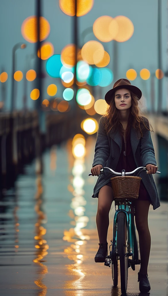 Surrealism:1.5,  Bokeh, young woman aesthetic, bicycle riding, pier, High-quality DSLR snapshots, High-definition film grain photo taken at f/16, ISO 100, With 200mm lens, Global Illumination, Fibonacci