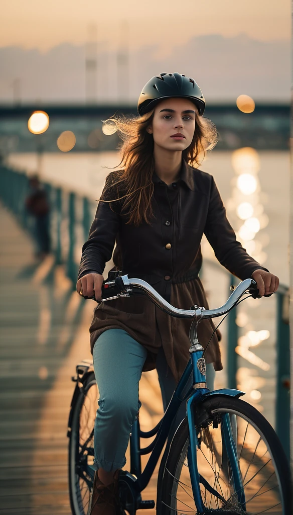 Surrealism:1.5, Bokeh, young woman aesthetic, bicycle riding, pier, High-quality DSLR snapshots, High-definition film grain photo taken at f/16, ISO 100, With 200mm lens, Global Illumination, Fibonacci