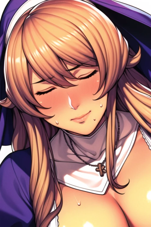 Blurry background,
purple outfit, puffy sleeves, cleavage cutout, cleavage,
nun, jewelry, necklace, 
long hair, brown hair, Bangs, closed eyes, purple cape on her head,
1 girl, 20yo, Young female, Beautiful Finger, Beautiful long legs, Beautiful body, Beautiful Nose, Beautiful character design, perfect eyes, perfect face, expressive eyes, perfect balance,
looking at viewer, (innocent_big_eyes:1.0), (aroused facial expression), (closed mouth), blush, sweat,
official art, extremely detailed CG unity 8k wallpaper, perfect lighting, Colorful, Bright_Front_face_Lighting,shiny skin, 
(masterpiece:1.0),(best_quality:1.0), ultra high res,4K,ultra-detailed,
photography, 8K, HDR, highres, absurdres:1.2, Kodak portra 400, film grain, blurry background, bokeh:1.2, lens flare, (vibrant_color:1.2),professional photograph, 
(Beautiful,large_Breasts:1.4), (beautiful_face:1.5),(narrow_waist),