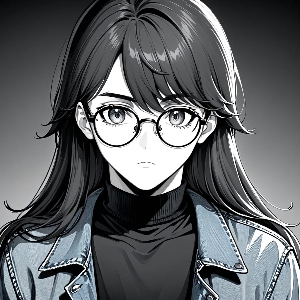 Line art, Manga style, draw, art, handsome boy, bitch face, circle glasses, lazy eyes, empty eyes, long hair, looking at viewer, denim jacket, black turtleneck, upper body.