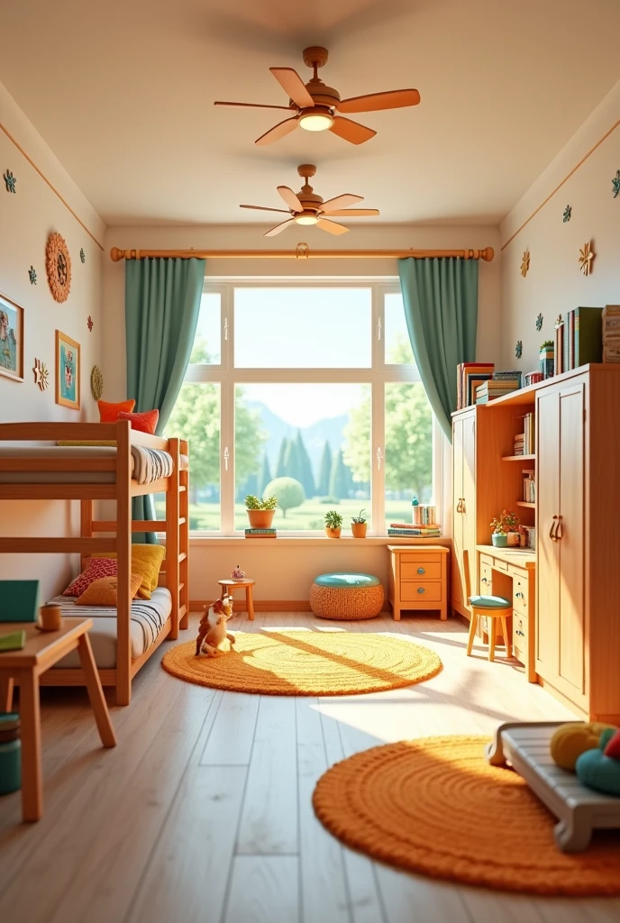 3D drawing of a 's bedroom with 1 bunk bed, 1 bed, 2 wardrobes and 3 study tables