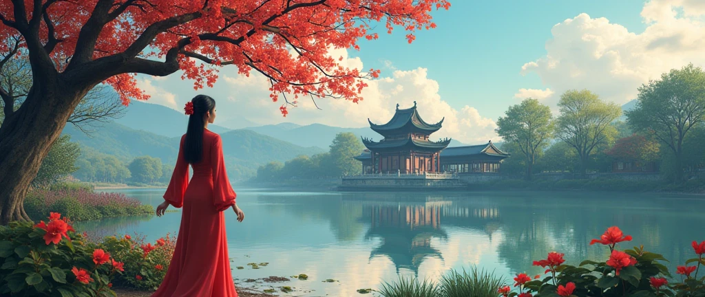 Vietnamese sexy girl with Ao Dai, cyberpunk landscape of Hoan Kiem lake with Ngoc Son temple and royal poinciana tree, anime and vietnam style