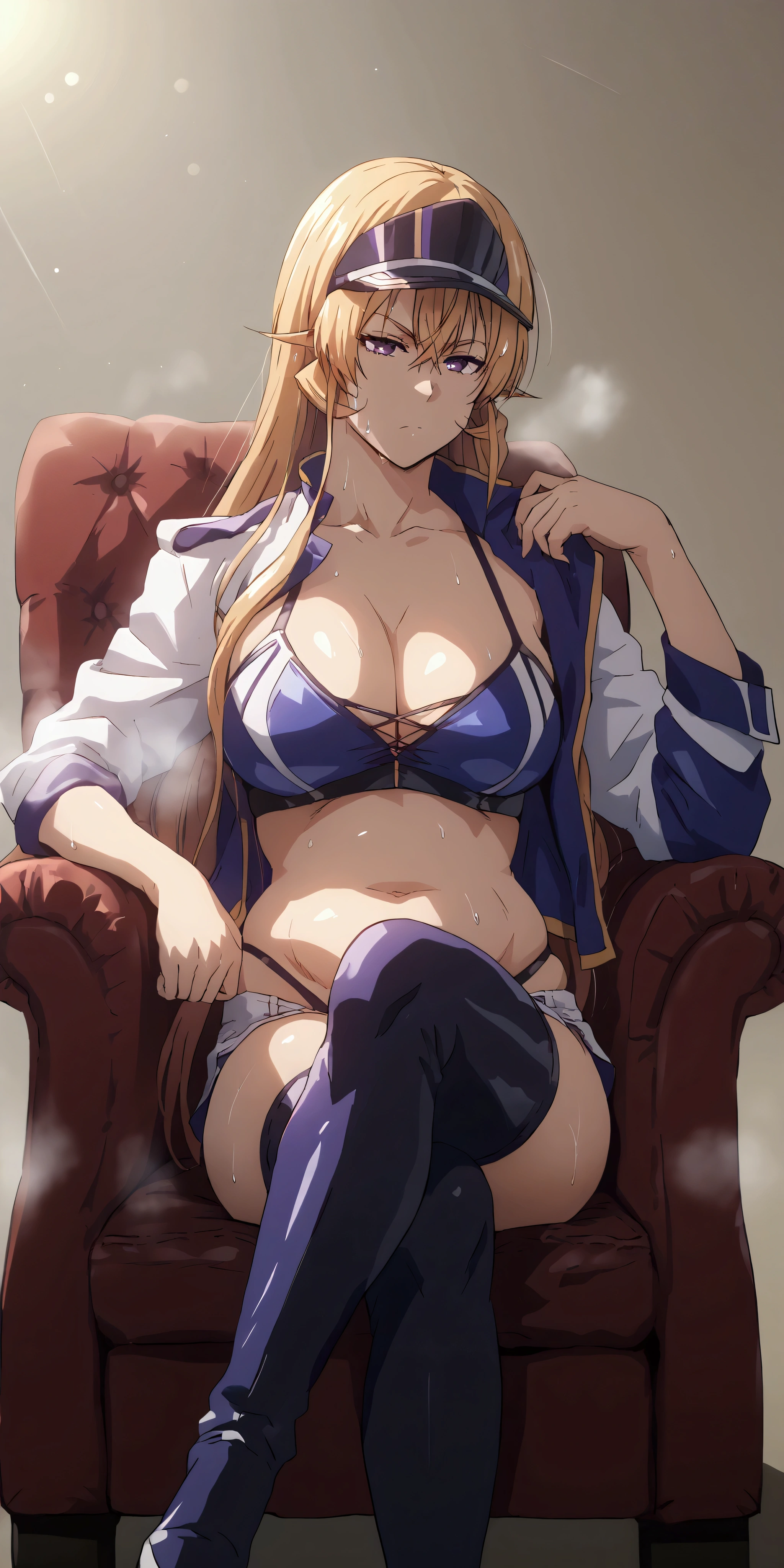 (harayutaka art styel:0.7), score_9, score_8_up, score_7_up, score_6_up, erina nakiri, blonde hair, long hair, purple eyes, BREAK  Anime Style, Manga Style, Hand drawn, cinematic, Sharp focus, humorous illustration, big depth of field, Masterpiece, concept art, trending on artstation, Vivid colors, Simplified style, trending on ArtStation, trending on CGSociety, Intricate, Vibrant colors, Soft Shading, Simplistic Features, Sharp Angles, Playful BREAK, race queen, cropped jacket, huge breast, highleg bikini, micro shorts, thigh boots, peaked cap, sitting, crossed legs, armchair, bokeh, sweating profusely, excessive sweating, sweating drop, gasping, heavy breathing, thight, half-closed eyes, thigh, thick, plump, 