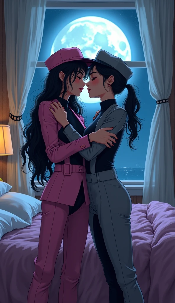Two girls, long black hairs, vampire hunters
(The first girl wear a pink suit, black shirt, pink cap, black underpants, black tights, white socks)
(The second girl wore a grey suit, black shirt, grey cap, black underpants, black tights, white socks)
hugging, lesbian kissing, bedroom, sensual body, close eyes, fantastic night moon sky, novel cartoon, 4K, HD