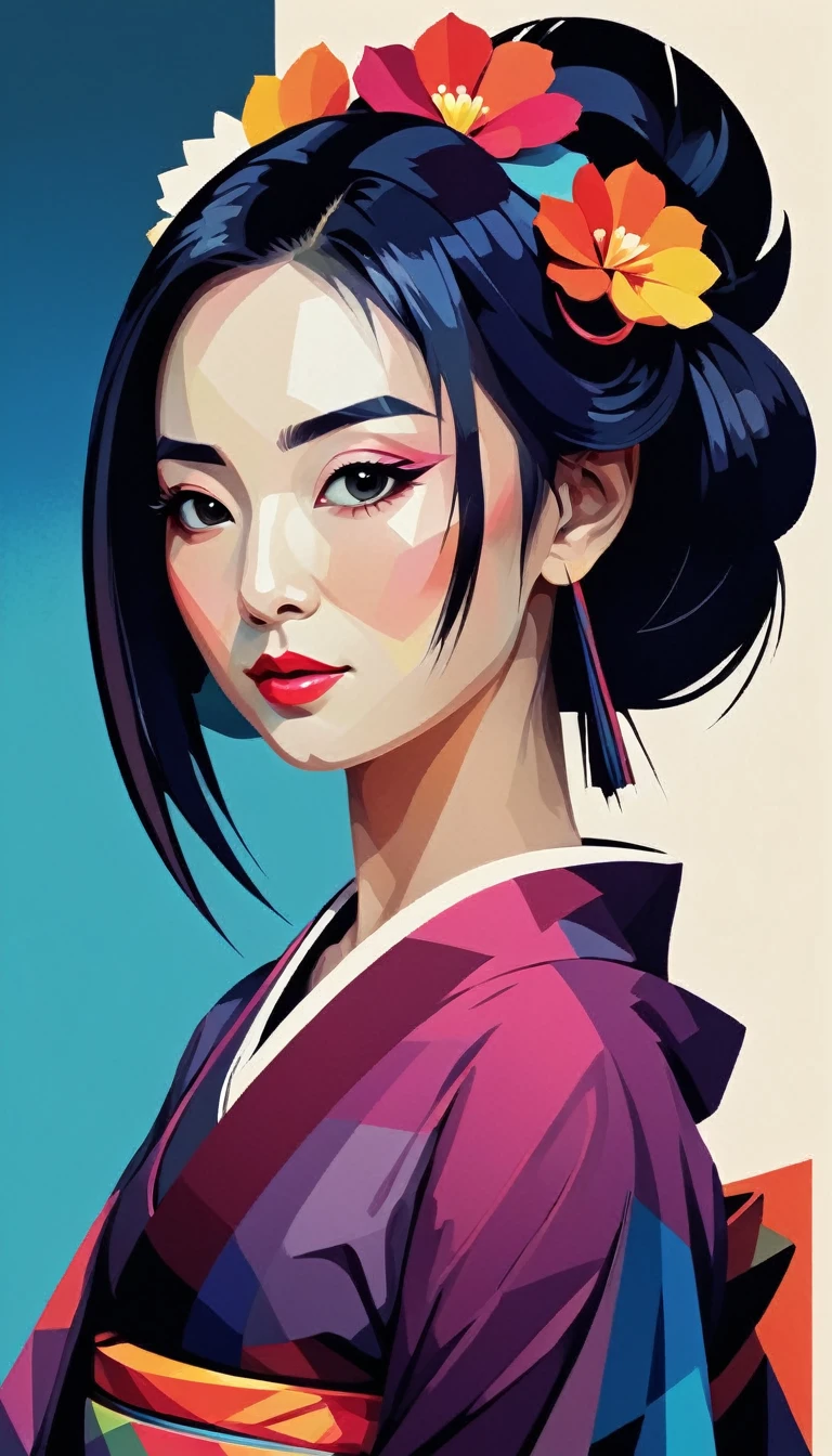 A minimalist design with a vintage touch, wpap STYLE, WPAP,featuring a cool, stylish geisha silhouette in faded, awesome and bright colors. cubist painting, Neo-Cubism, layered overlapping geometry, art deco painting, Dribbble, geometric fauvism, layered geometric vector art, maximalism; V-Ray, Unreal Engine 5, angular oil painting, DeviantArt,KODEW