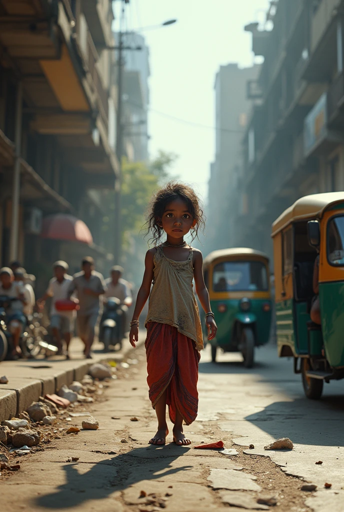 (photorealism:1.1), indian girl mumbai traffic side beggar