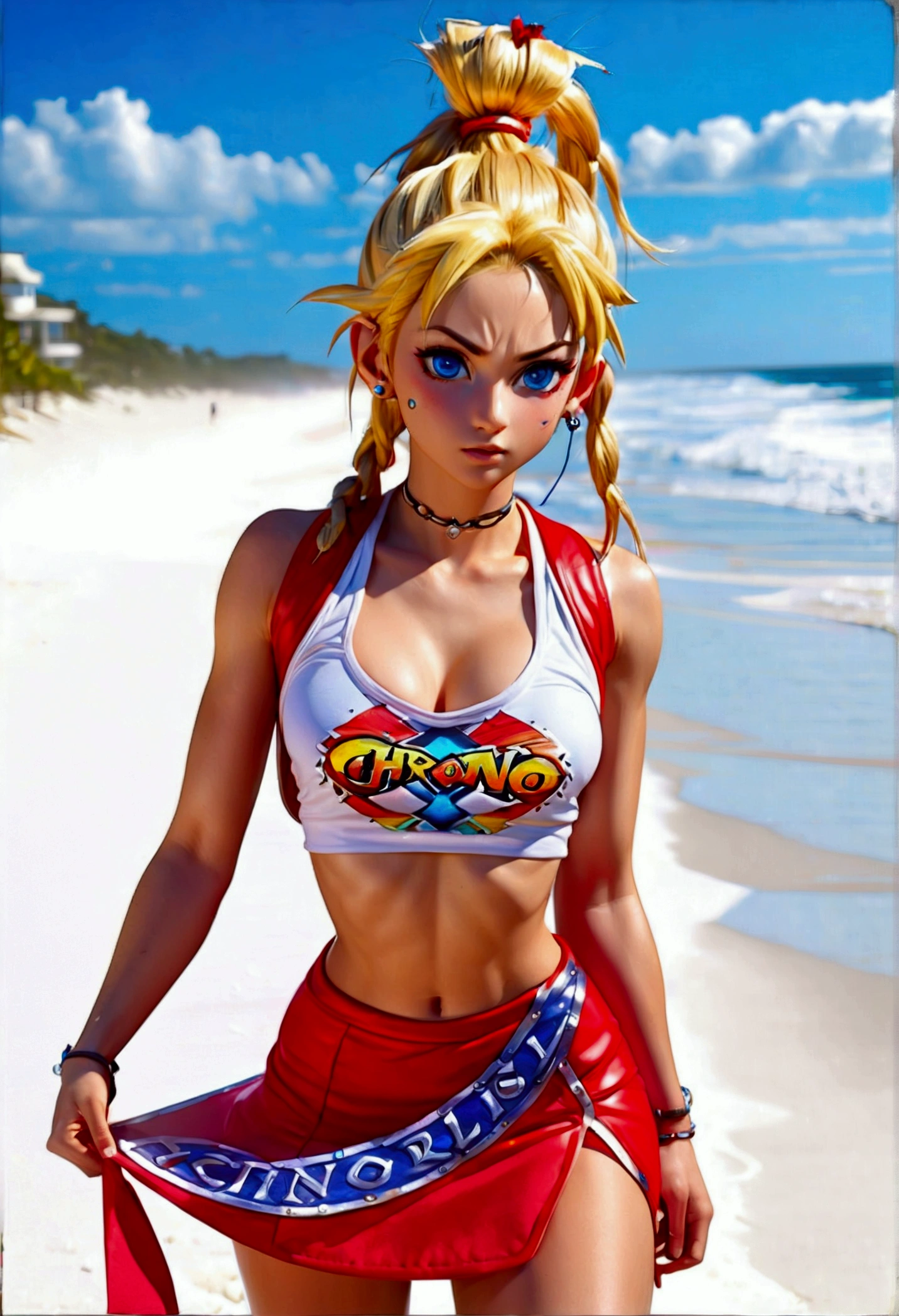 (promotional art), (Kid from Chrono Cross), yellow hair in high ponytail braid, sapphire blue eyes, very slender toned frame, lean and , medium/large bust, flat tummy, very pale white skin, (strong shoulders), fierce expression, BREAK: (tight red micro skirt with extremely high front slit:1.4), highly cropped red jacket with short sleeves, white crop top under jacket, (underboob showing), BREAK: 1/4 walking pose, on a white sand beach, ocean spray shooting up behind her