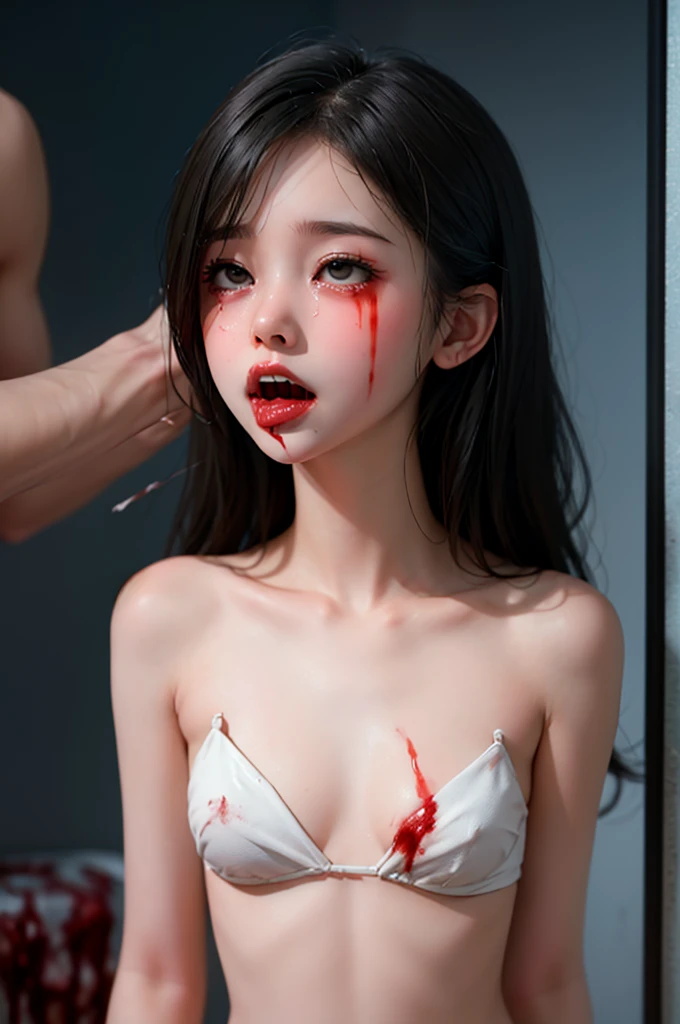 Highest quality, masterpiece, look up, cute,(Horror),(((少女の美しいzombie))),((zombie)),((This girl is dead)),(Being attacked),Trying to bite,(((Bleeding,Injured))),(((Shedding tears of blood))),((Bloodbath)),((口からBleeding)),((Covered in blood)),(A body covered in wounds),((zombieに身体中を噛みつかれた)),((Sexy)),(sexy),((Small breasts)),(Baby Face),(Middle school students),(((Masturbation))),((semen)),Beautiful Style,(((Lower body exposed))),(((Pale skin))),((Sensual look)),Sexy表情,Expressions of delight,((fearと快楽の表情)),((Ahegao)),(Dark atmosphere),(Dark atmosphere,fear),((Dim lighting))