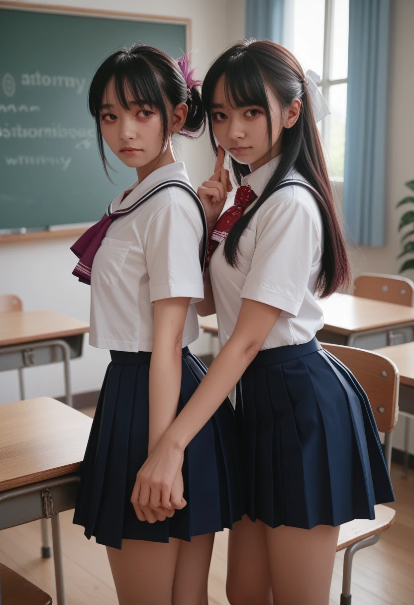 Two Girls,roromiya,ririchiyo,school uniform,Ascot, masterpiece, Highest quality、comminicate、Someone hugs me from behind、Twilight Classroom
