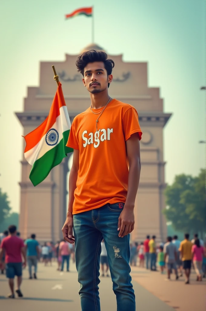 A real 20 years old boy, Wearing Orange T shirt blue jeans sneakers and the name "Sagar" is written on his t-shirt and the boy is standing on the road with holding a national flag of India, and behind him is the India gate Delhi. And "Happy Independence Day 2024" written at above sky Create Realistic image high quality.