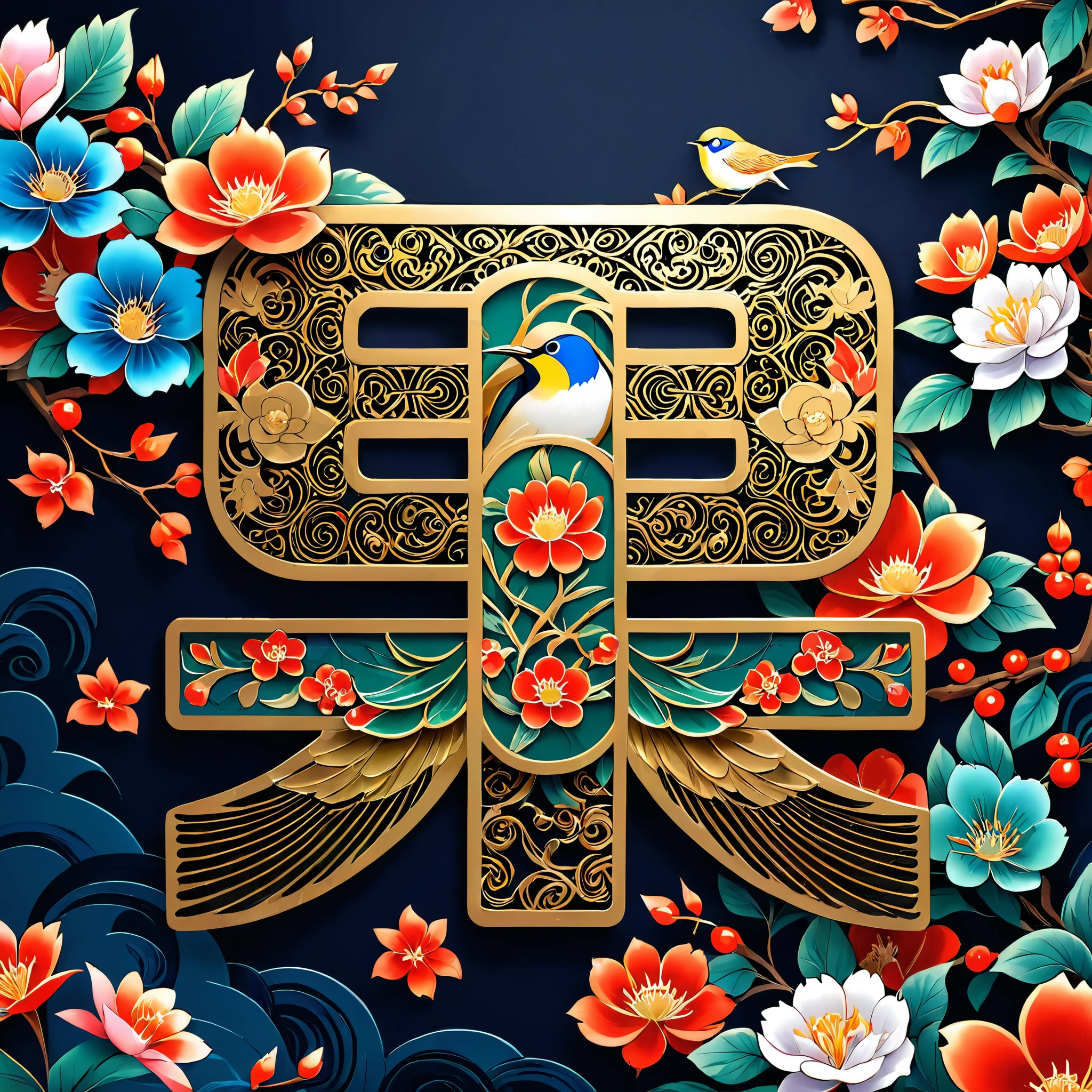 National Trend, Birds and flowers, wrap, Ultra HD, Filigree, Chinese elements, illustration