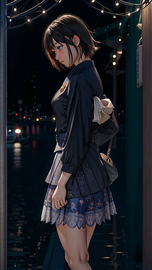 Osaka night, raining day, without crowded, masterpiece, best quality, high quality,extremely detailed CG unity 8k wallpaper, HDR, Chromatic Aberration ,Photorealistic,extremely detailed, trending on artstation, trending on CGsociety, Intricate, High Detail, dramatic, art by midjourney Young Woman、Short Hair、One person、breast enhancement、Japanese、Summer suit、Short skirt、Gazing at the bridge、Tears flowing、