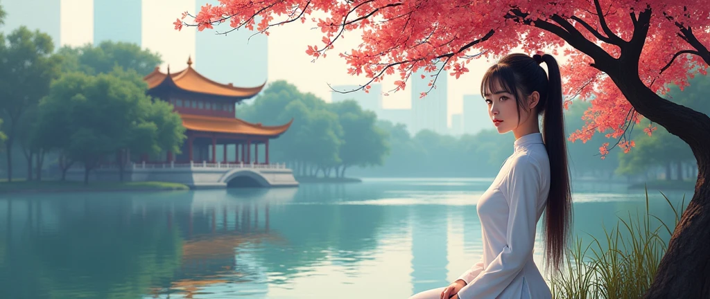 Vietnamese sexy girl with white Ao Dai, cyberpunk landscape of Hoan Kiem lake with Ngoc Son temple and royal poinciana tree, anime and vietnam style