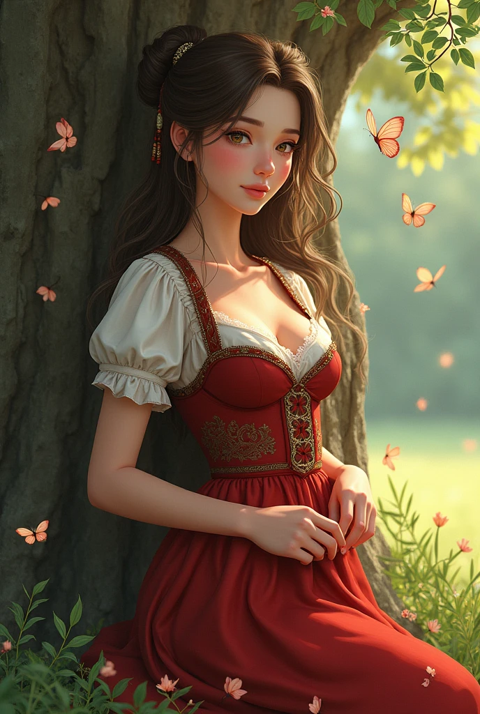 Young woman,Twenty-five years old, Beautiful face, long brown hair, Wearing Central European clothing, Big chest, Thin waist, Big butt, leaning against a tree, There are butterflies flying around., Drawing style: Manga 2.5D
