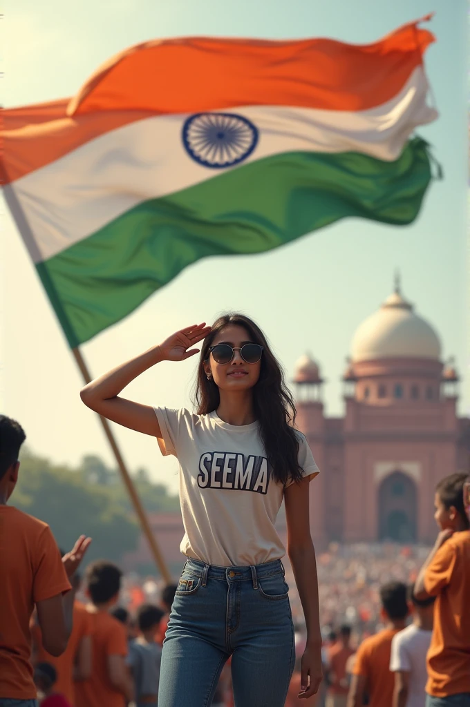 Create a Realistic picture of an 18-year old girl wearing a white t shirt and blue jeans.he is saluting a big flying Indian flag, with the Red fort
in the background. The name "SEEMA" on is written"t shirt in bold letters, sunglasses. The overall image should have a divine background, reminiscent of republic day, with people celebrating
