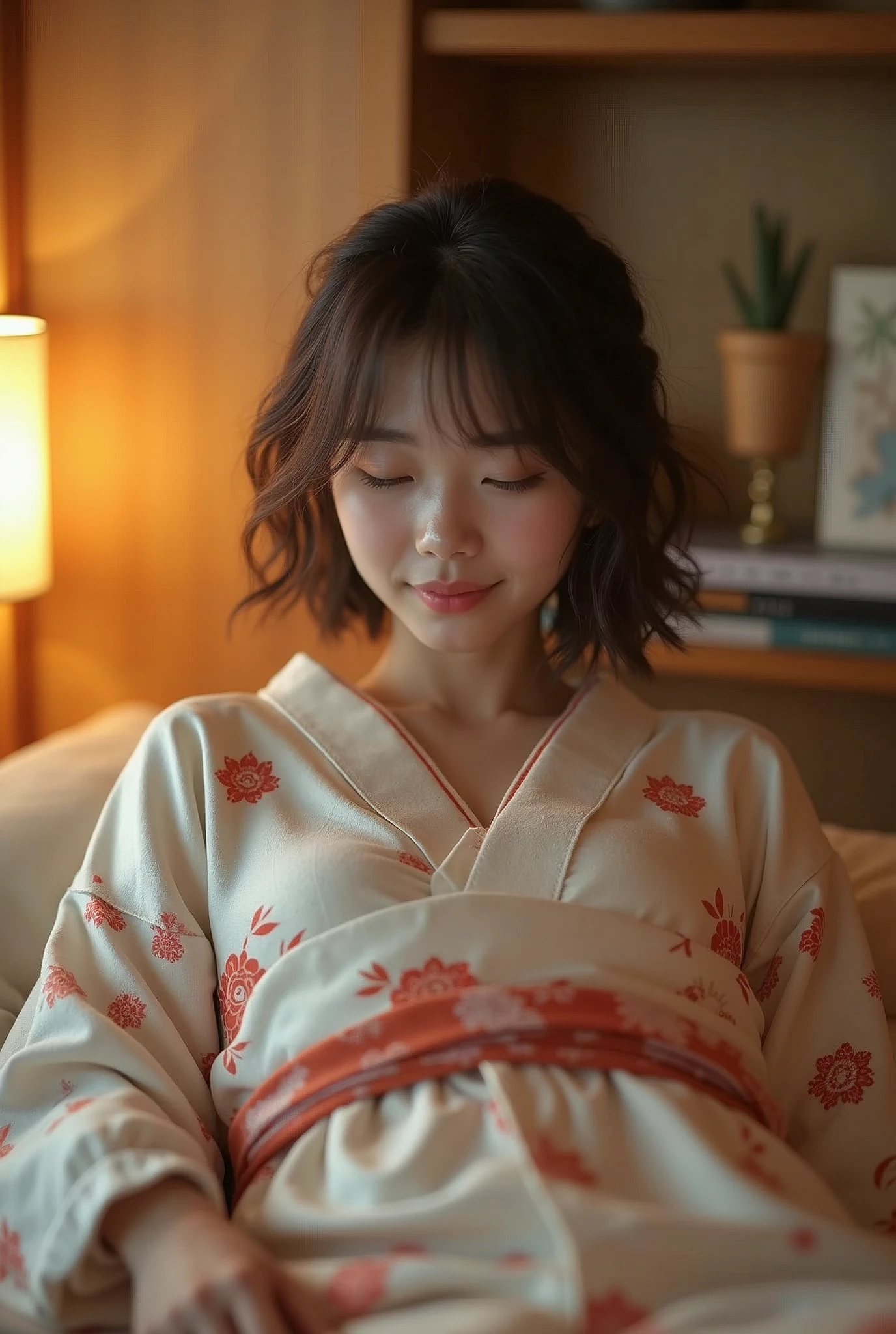 A very cute face like an idol、like々A 20-year-old woman with a cute face、Gentle and cute、A kind smile、(((Japanese Yukata)))、(night)、(((Lying asleep on a futon in a Japanese-style room at a Japanese inn)))、((Cleavage、I can see your thighs))、((Full body portrait))、RAW Photos、Genuine、High resolution