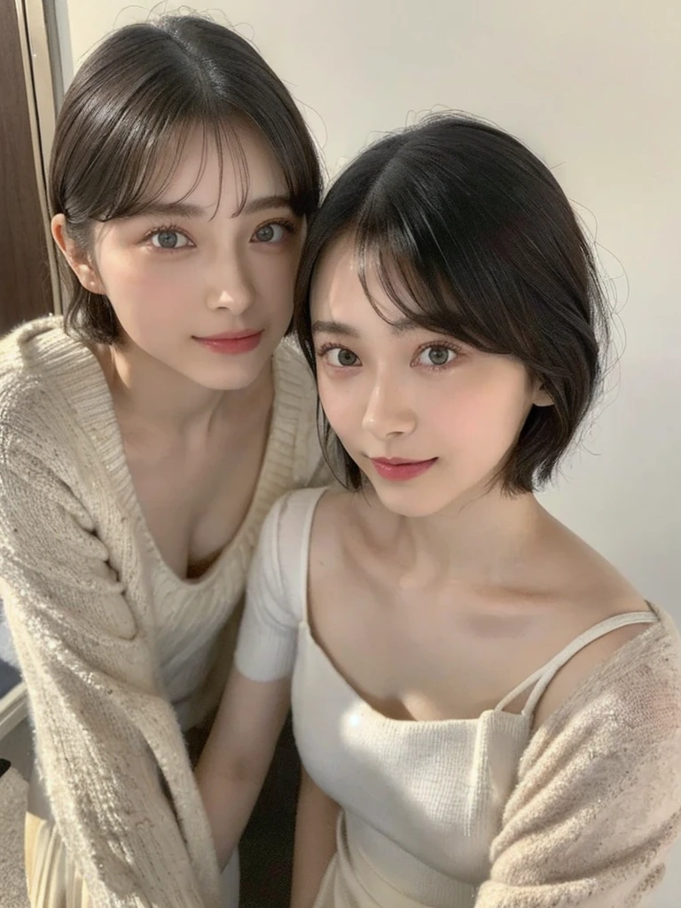 (masterpiece:1.3), (8k, Photoreal, Raw photo, best image quality: 1.4), Japanese high school girl、(random hairstyle:1.2)、cleavage:1.5、super detail face、eye for details、double eyelid、chest to chest、sharp focus:1.2、Beautiful woman:1.4、light brown hair、highest quality、masterpiece、超A high resolution、(Photoreal:1.4)、Highly detailed and professionally lit smiles、loose and light knitwear、shoulder out、thin、serious expression、short haired、deadly position
similar identical twins
All the girls have the exact same face, The two have the same face and figure, as if they were mirror images.
