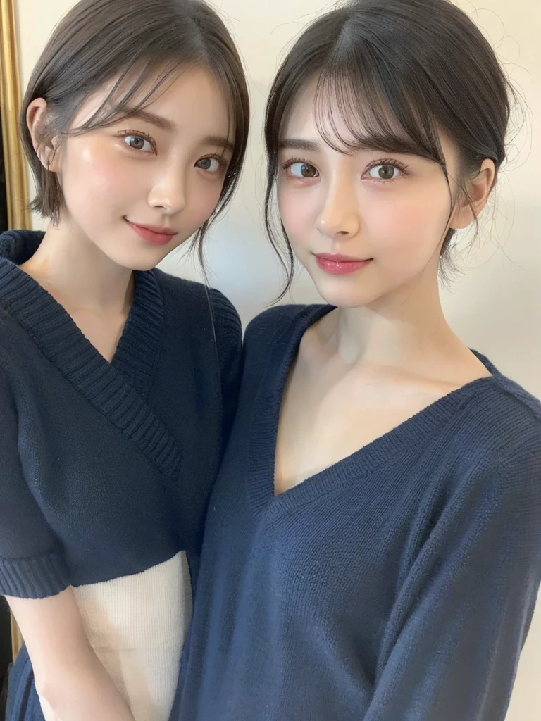 (masterpiece:1.3), (8k, Photoreal, Raw photo, best image quality: 1.4), Japanese high school girl、(random hairstyle:1.2)、cleavage:1.5、super detail face、eye for details、double eyelid、chest to chest、sharp focus:1.2、Beautiful woman:1.4、light brown hair、highest quality、masterpiece、超A high resolution、(Photoreal:1.4)、Highly detailed and professionally lit smiles、loose and light knitwear、shoulder out、thin、serious expression、short haired、deadly position
similar identical twins
All the girls have the exact same face, The two have the same face and figure, as if they were mirror images.
