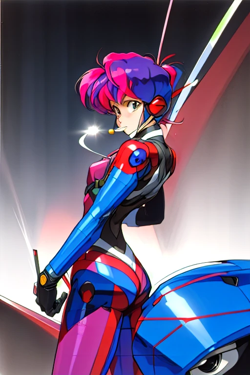 Kenichi Sonoda, retro art-style, bubblegum crisis, Wearing a hard suit with the face guard open, masterpiece, best quality