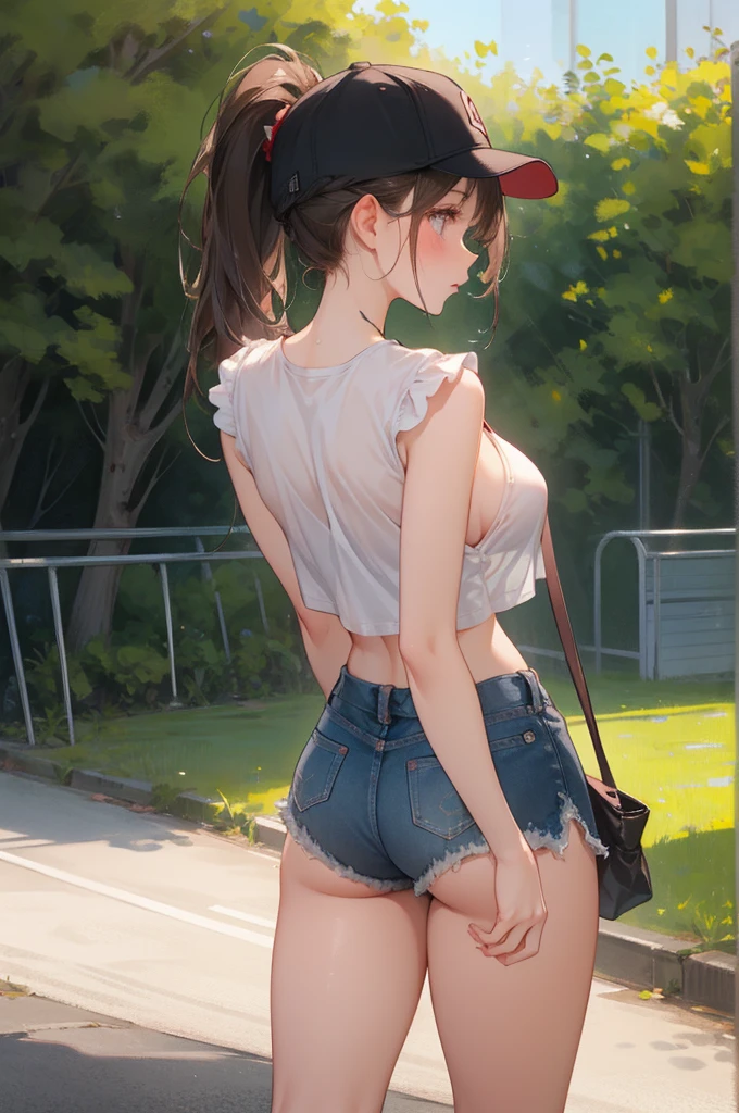 beautiful, (table top:1.2), (highest quality:1.2), perfect eyes, perfect face, perfect lighting, 1 girl、Very embarrassed、blush、a lot of sweat、back boob, baseball cap, 黒のpanties, chest, brown hair, crop top, cutoffs, denim, denimshorts, High leg, High legpanties, long hair, Central ditch, Large chest, micro shorts, panties, ponytail, short shorts, shorts, side boob barbosa,  alone, Tank top, thighs thighs thighs, T-back, underwear, field, grassy area, sidewalk, huge ass, wide hips, arms at the sides