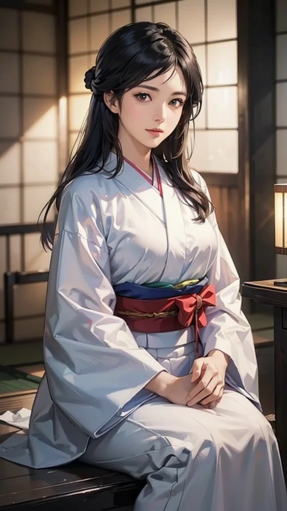 (Realistic)、(Realistic:1.2)、(High resolution)、Very detailed、Very beautiful face and eyes、1 girl、Delicate body、(Highest quality、Attention to detail、Rich skin detail)、(Highest quality、8k、Oil paint:1.2)、Very detailed、(Realistic、Realistic:1.37)、Bright colors、Full Body Shot,black_hair, Beautiful 8k eyes,Looking_in_audience,One person in,Are standing,((Very beautiful woman, Fuller lips, Japanese pintern kimono))、((Gorgeous and colorful Japanese kimono)))、(((blackhair)))、(((blunt bungs，long straight hair)))、((( In an old Japanese house (short focus :1.4),)))、(masterpiece, Highest quality, Highest quality, Official Art, beautifully、beautiful:1.2),(Fractal Art:1.3),Sengoku period、By Greg Rutkowski：Alphonse Mucha Ropp,short ,uchikake,nishijin ori,(realistic Light and shadow), (real and delicate background),(Calm colors, Dim color, soothing tones:1.3), Low saturation, (Ultra-detailed:1.2), (????:0.4),Draw,Blurred_Light_background, (Bright colors:1.2), cinematic Lighting, ambient Lighting,Single Shot,Shallow focus,pink lip,Blurred Light background,Eros,Big Breasts