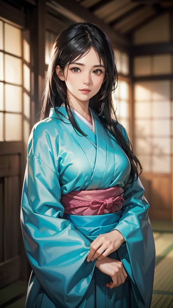 (Realistic)、(Realistic:1.2)、(High resolution)、Very detailed、Very beautiful face and eyes、1 girl、Delicate body、(Highest quality、Attention to detail、Rich skin detail)、(Highest quality、8k、Oil paint:1.2)、Very detailed、(Realistic、Realistic:1.37)、Bright colors、Full Body Shot,black_hair, Beautiful 8k eyes,Looking_in_audience,One person in,Are standing,((Very beautiful woman, Fuller lips, Japanese pintern kimono))、((Gorgeous and colorful Japanese kimono)))、(((blackhair)))、(((blunt bungs,long straight hair)))、((( In an old Japanese house (short focus :1.4),)))、(masterpiece, Highest quality, Highest quality, Official Art, beautifully、beautiful:1.2),(Fractal Art:1.3),Sengoku period、By Greg Rutkowski:Alphonse Mucha Ropp,short ,uchikake,nishijin ori,(realistic Light and shadow), (real and delicate background),(Calm colors, Dim color, soothing tones:1.3), Low saturation, (Ultra-detailed:1.2), (Noir:0.4),Draw,Blurred_Light_background, (Bright colors:1.2), cinematic Lighting, ambient Lighting,Single Shot,Shallow focus,pink lip,Blurred Light background,Eros,Big Breasts