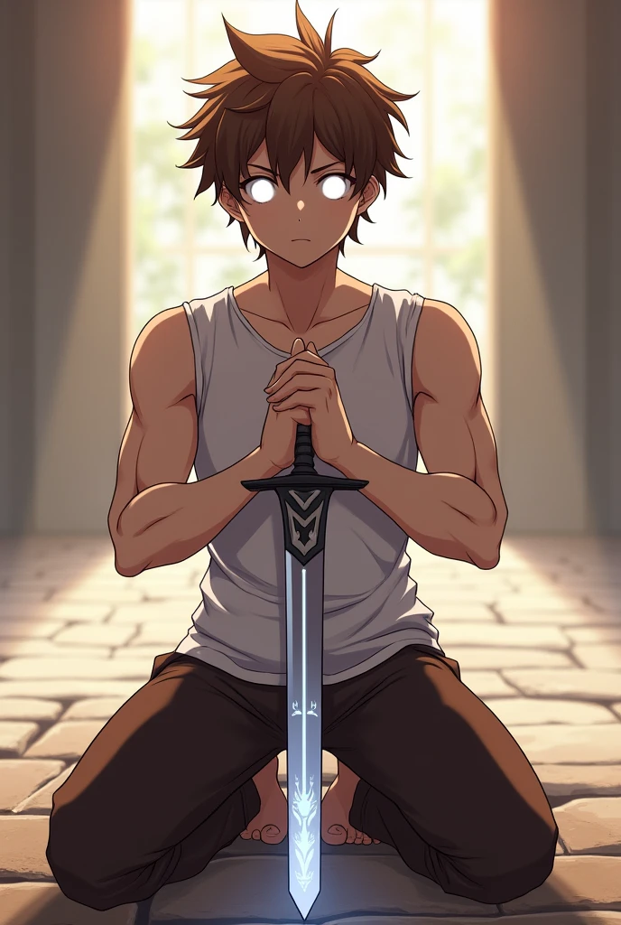 In an anime-style scene, the muscular and attractive boy with brown hair and striking white eyes kneels gracefully. He’s blind, with his white eyes conveying a sense of inner strength and focus. He holds a Translated Dream Sword with both hands, the sword glowing with an ethereal light that hints at its mystical properties. His posture is respectful and determined, showcasing his physical prowess and the powerful connection he has with his weapon. The background is softly lit, emphasizing his solemn and commanding presence